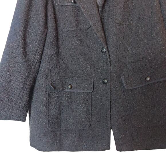 Talbots Plus Grosgrain Ribbon Trim Tweed Preppy Blazer Jacket Black 16W Academia - Picture 6 of 14